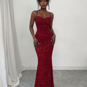 Red slim suspender sequin  suitable for party red evening dresses