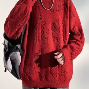 Mens Fall Loose-Fit Striped Pullover  Retro Europian Style Round Neck Long Sleeve Sweater for Urban Streetwear